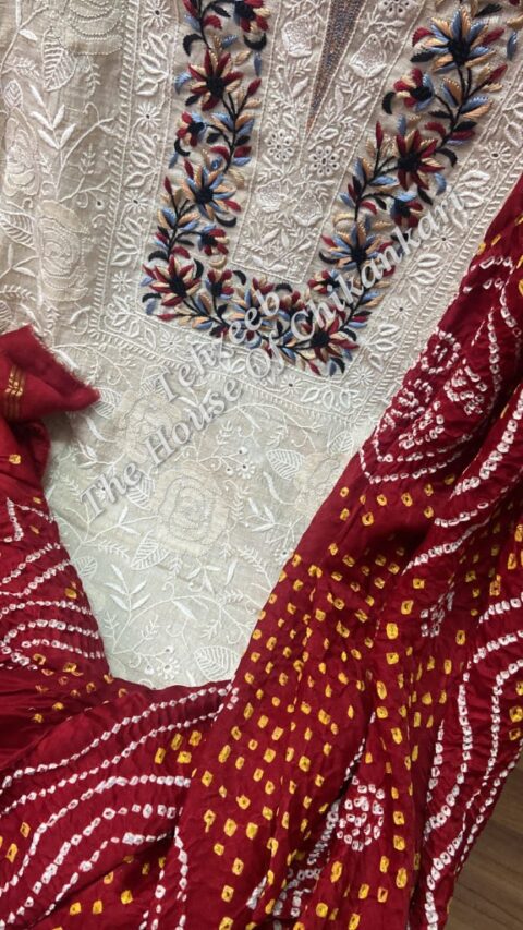 Tussar Silk Parsigara - Chikankari Set with Bandhani Silk Dupatta