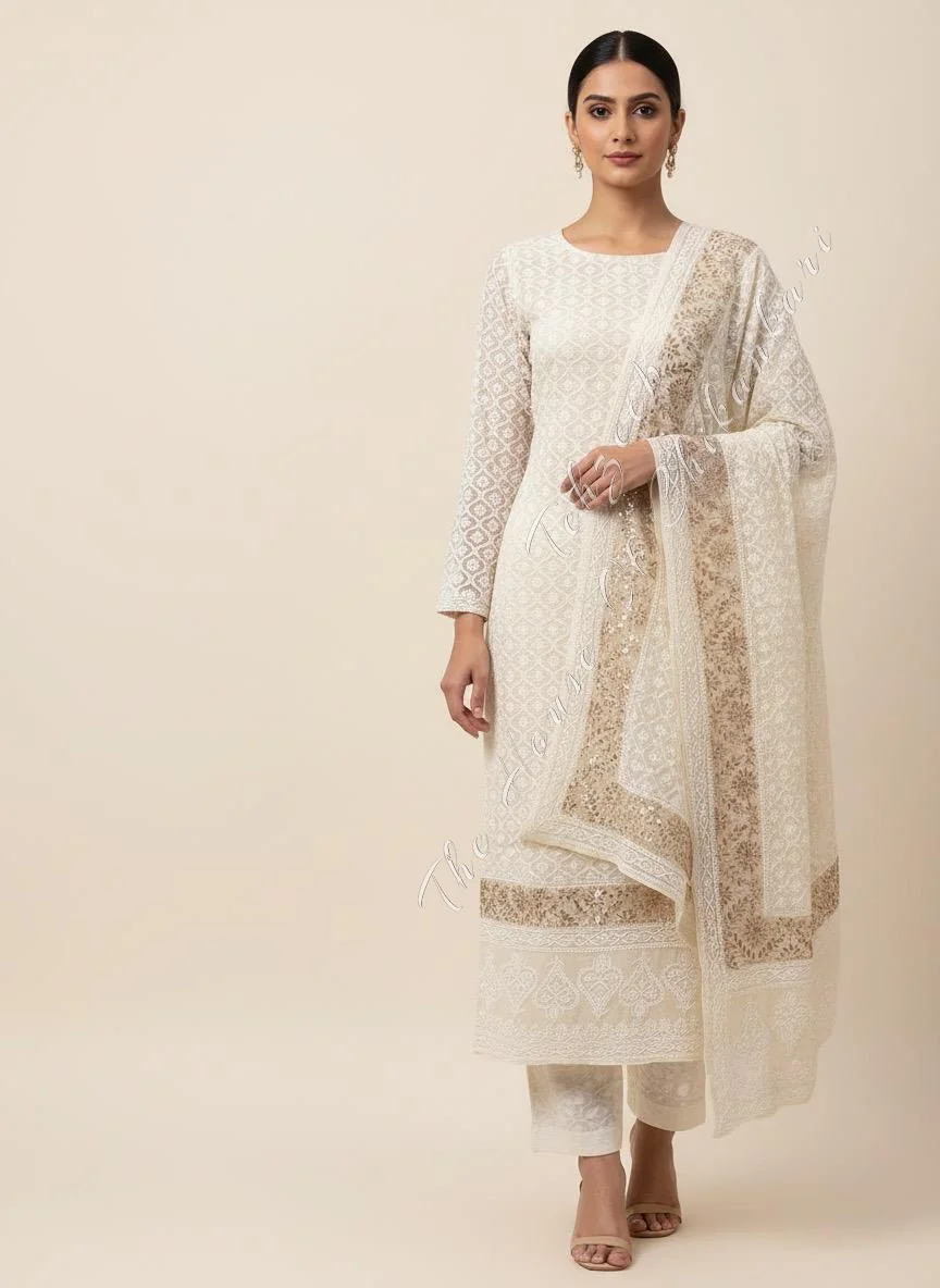 Unique Murrhi & Zardosi Gottapatti Lucknowi Chikankari Suit, Ivory Straight-Cut with Gold Border