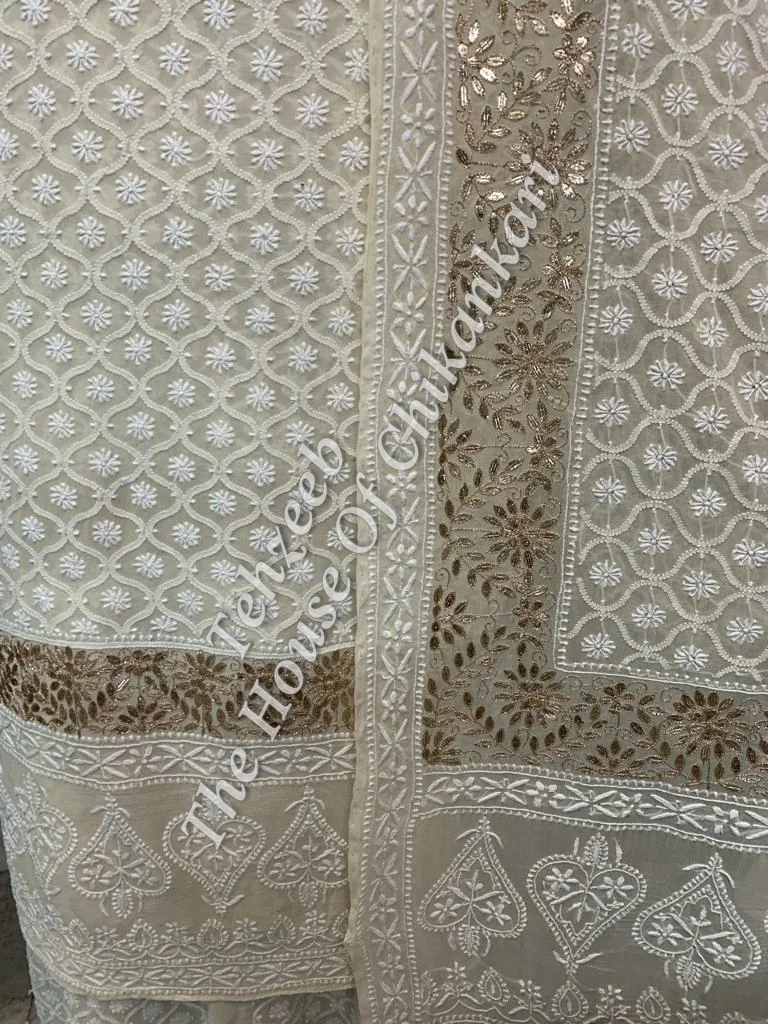 Unique Murrhi & Zardosi Gottapatti Lucknowi Chikankari Suit, Ivory Straight-Cut with Gold Border, detail 2
