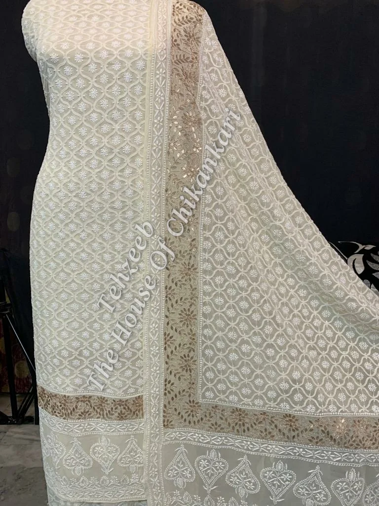 Unique Murrhi & Zardosi Gottapatti Lucknowi Chikankari Suit, Ivory Straight-Cut with Gold Border, detail 3