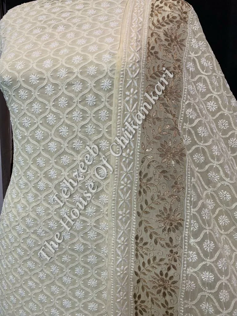 Unique Murrhi & Zardosi Gottapatti Lucknowi Chikankari Suit, Ivory Straight-Cut with Gold Border, detail 4