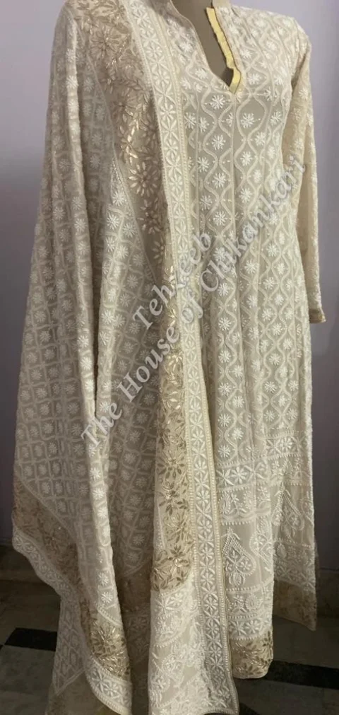 Unique Murrhi & Zardosi Gottapatti Lucknowi Chikankari Suit, Ivory Gold Jaal