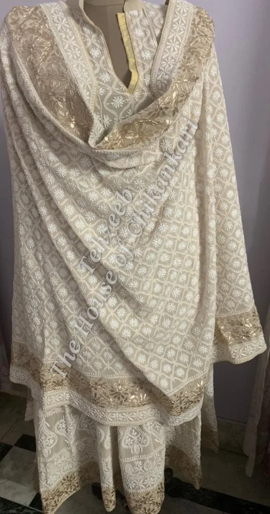 Unique Murrhi & Zardosi Gottapatti Lucknowi Chikankari Suit, Ivory Gold Jaal, detail 2