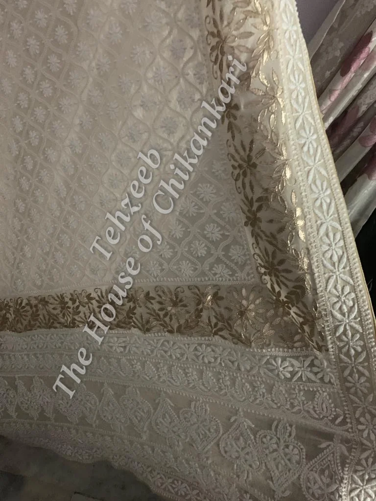Unique Murrhi & Zardosi Gottapatti Lucknowi Chikankari Suit, Ivory Gold Jaal, detail 3