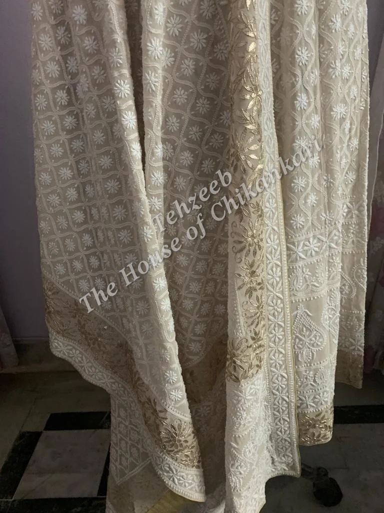 Unique Murrhi & Zardosi Gottapatti Lucknowi Chikankari Suit, Ivory Gold Jaal, detail 4