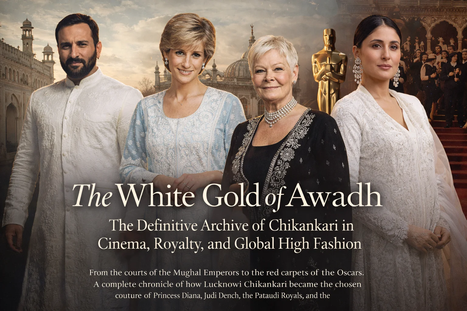 Composite artistic collage featuring Saif Ali Khan in white kurta, Princess Diana in blue embroidery, Judi Dench in black chikankari coat, and a model in white anarkali, standing against a backdrop of Lucknow architecture and an Oscar statue.