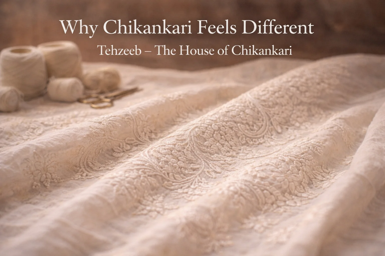 Close-up of white hand-embroidered chikankari fabric showing delicate floral threadwork in soft natural light